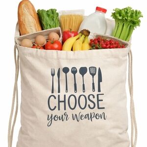 Funny Kitchen Drawstring Bag Choose Your Weapon Cooking Utensil Tote